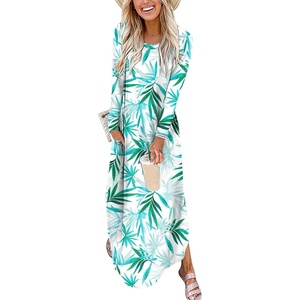 image:imageANRABESS Womens Long Sleeve Maxi Dresses 2026 Fall Outfits Casual Loose Split Travel Vacation T Shirt Dress with PocketsFloral Green White