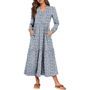 image:imageANRABESS Womens Long Sleeve Maxi Dresses 2026 Spring Casual V Neck Flowy Tiered Boho Modest Vacation Dress with PocketsFloral Blue