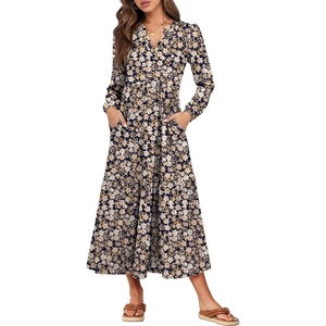 image:imageANRABESS Womens Long Sleeve Maxi Dresses 2026 Spring Casual V Neck Flowy Tiered Boho Modest Vacation Dress with PocketsFloral Navy Blue Pink