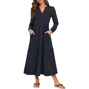 image:imageANRABESS Womens Long Sleeve Maxi Dresses 2026 Spring Casual V Neck Flowy Tiered Boho Modest Vacation Dress with PocketsNavy Blue