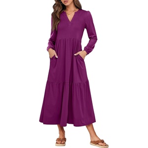 image:imageANRABESS Womens Long Sleeve Maxi Dresses 2026 Spring Casual V Neck Flowy Tiered Boho Modest Vacation Dress with PocketsPurple