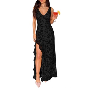 image:imageANRABESS Womens Sexy V Neck Sleeveless Wedding Guest Dresses Spring Mesh Bodycon High Slit Ruffle Hem Cocktail Maxi DressBlack