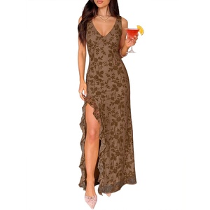 image:imageANRABESS Womens Sexy V Neck Sleeveless Wedding Guest Dresses Spring Mesh Bodycon High Slit Ruffle Hem Cocktail Maxi DressCoffee