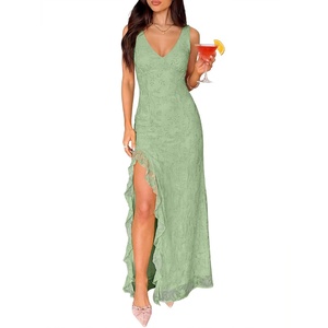 image:imageANRABESS Womens Sexy V Neck Sleeveless Wedding Guest Dresses Spring Mesh Bodycon High Slit Ruffle Hem Cocktail Maxi DressLight Green