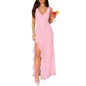 image:imageANRABESS Womens Sexy V Neck Sleeveless Wedding Guest Dresses Spring Mesh Bodycon High Slit Ruffle Hem Cocktail Maxi DressLight Pink