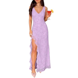 image:imageANRABESS Womens Sexy V Neck Sleeveless Wedding Guest Dresses Spring Mesh Bodycon High Slit Ruffle Hem Cocktail Maxi DressLight Purple