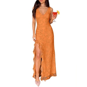 image:imageANRABESS Womens Sexy V Neck Sleeveless Wedding Guest Dresses Spring Mesh Bodycon High Slit Ruffle Hem Cocktail Maxi DressOrange