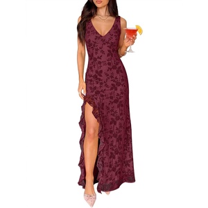 image:imageANRABESS Womens Sexy V Neck Sleeveless Wedding Guest Dresses Spring Mesh Bodycon High Slit Ruffle Hem Cocktail Maxi DressWined