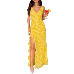 image:imageANRABESS Womens Sexy V Neck Sleeveless Wedding Guest Dresses Spring Mesh Bodycon High Slit Ruffle Hem Cocktail Maxi DressYellow