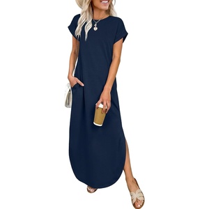 image:imageANRABESS Womens Short Sleeve Spacer Maxi Dress  PocketsSoft Thick Smooth FabricCasual LooseSpring Summer Fall TransitionCrew NeckTravel Vacation Work AllDay WearNavy Blue