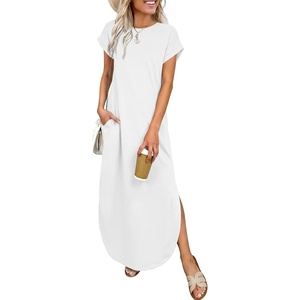 image:imageANRABESS Womens Short Sleeve Spacer Maxi Dress  PocketsSoft Thick Smooth FabricCasual LooseSpring Summer Fall TransitionCrew NeckTravel Vacation Work AllDay WearWhite