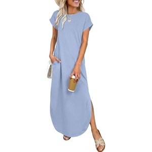 image:imageANRABESS Womens Short Sleeve Spacer Maxi Dress  PocketsSoft Thick Smooth FabricCasual LooseSpring Summer Fall TransitionCrew NeckTravel Vacation Work AllDay WearLight Blue
