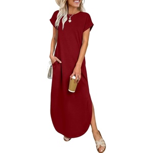 image:imageANRABESS Womens Short Sleeve Spacer Maxi Dress  PocketsSoft Thick Smooth FabricCasual LooseSpring Summer Fall TransitionCrew NeckTravel Vacation Work AllDay WearDark Red
