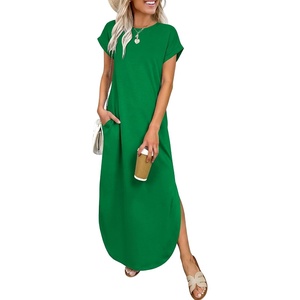 image:imageANRABESS Womens Short Sleeve Spacer Maxi Dress  PocketsSoft Thick Smooth FabricCasual LooseSpring Summer Fall TransitionCrew NeckTravel Vacation Work AllDay WearGreen