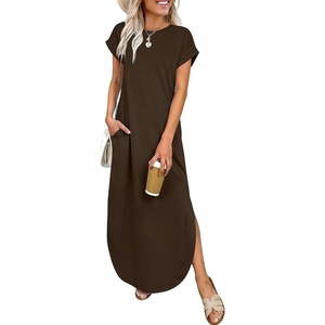 image:imageANRABESS Womens Short Sleeve Spacer Maxi Dress  PocketsSoft Thick Smooth FabricCasual LooseSpring Summer Fall TransitionCrew NeckTravel Vacation Work AllDay WearBrown