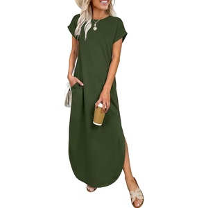 image:imageANRABESS Womens Short Sleeve Spacer Maxi Dress  PocketsSoft Thick Smooth FabricCasual LooseSpring Summer Fall TransitionCrew NeckTravel Vacation Work AllDay WearArmy Green