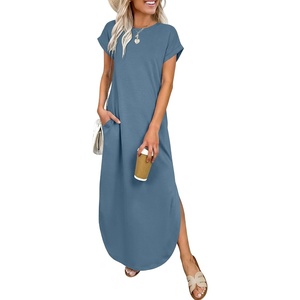 image:imageANRABESS Womens Short Sleeve Spacer Maxi Dress  PocketsSoft Thick Smooth FabricCasual LooseSpring Summer Fall TransitionCrew NeckTravel Vacation Work AllDay WearGrey Blue