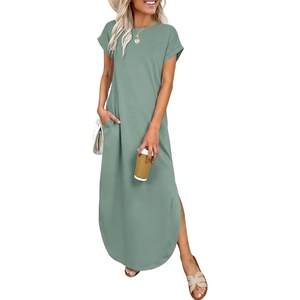 image:imageANRABESS Womens Short Sleeve Spacer Maxi Dress  PocketsSoft Thick Smooth FabricCasual LooseSpring Summer Fall TransitionCrew NeckTravel Vacation Work AllDay WearLight Green