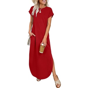 image:imageANRABESS Womens Short Sleeve Spacer Maxi Dress  PocketsSoft Thick Smooth FabricCasual LooseSpring Summer Fall TransitionCrew NeckTravel Vacation Work AllDay WearRed