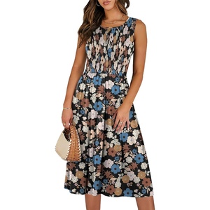 image:imageANRABESS Womens Summer Casual Midi Dresses Sleeveless Smocked Elastic Waist Flowy Sundress 2026 Spring Beach Vacation ClothesBlack Flower Cluster