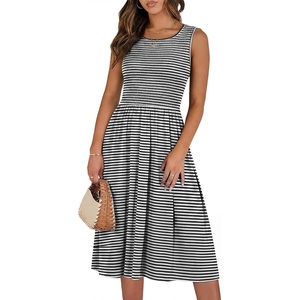 image:imageANRABESS Womens Summer Casual Midi Dresses Sleeveless Smocked Elastic Waist Flowy Sundress 2026 Spring Beach Vacation ClothesBlack White Striped