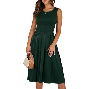 image:imageANRABESS Womens Summer Casual Midi Dresses Sleeveless Smocked Elastic Waist Flowy Sundress 2026 Spring Beach Vacation ClothesDark Green