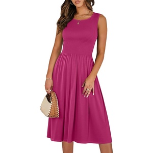 image:imageANRABESS Womens Summer Casual Midi Dresses Sleeveless Smocked Elastic Waist Flowy Sundress 2026 Spring Beach Vacation ClothesHot Pink