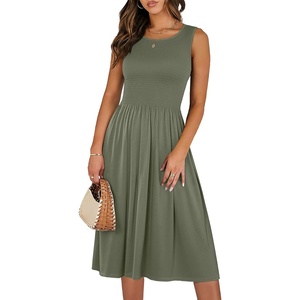 image:imageANRABESS Womens Summer Casual Midi Dresses Sleeveless Smocked Elastic Waist Flowy Sundress 2026 Spring Beach Vacation ClothesOlive
