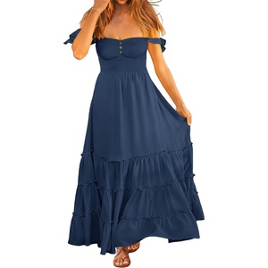 image:imageANRABESS Womens Summer Casual Off The Shoulder Maxi Long Dress 2026 Smocked Ruffle Strap Backless Flowy Tiered Beach SundressDeep Blue