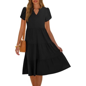 image:imageANRABESS Womens Summer Causal Dresses V Neck Short Sleeve Midi Dress 2026 Flowy Tiered Boho Beach Sundress Vacation OutfitsBlack
