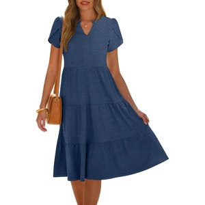 image:imageANRABESS Womens Summer Causal Dresses V Neck Short Sleeve Midi Dress 2026 Flowy Tiered Boho Beach Sundress Vacation OutfitsBlue
