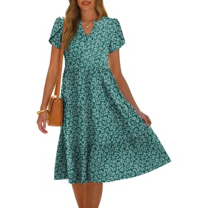 image:imageANRABESS Womens Summer Causal Dresses V Neck Short Sleeve Midi Dress 2026 Flowy Tiered Boho Beach Sundress Vacation OutfitsGreen Floral