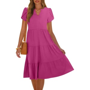 image:imageANRABESS Womens Summer Causal Dresses V Neck Short Sleeve Midi Dress 2026 Flowy Tiered Boho Beach Sundress Vacation OutfitsHot Pink