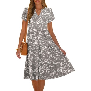 image:imageANRABESS Womens Summer Causal Dresses V Neck Short Sleeve Midi Dress 2026 Flowy Tiered Boho Beach Sundress Vacation OutfitsKhaki Polka Dot