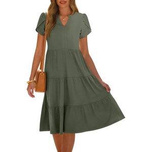 image:imageANRABESS Womens Summer Causal Dresses V Neck Short Sleeve Midi Dress 2026 Flowy Tiered Boho Beach Sundress Vacation OutfitsOlive