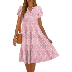 image:imageANRABESS Womens Summer Causal Dresses V Neck Short Sleeve Midi Dress 2026 Flowy Tiered Boho Beach Sundress Vacation OutfitsPink Floral