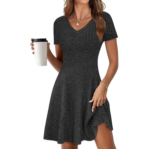 image:imageANRABESS Womens Summer Dresses Casual Short Sleeve Ribbed Knit V Neck Swing ALine 2026 Spring Vacation Tunics Short DressBlack