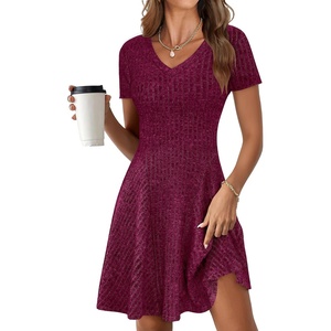 image:imageANRABESS Womens Summer Dresses Casual Short Sleeve Ribbed Knit V Neck Swing ALine 2026 Spring Vacation Tunics Short DressBurgundy