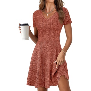 image:imageANRABESS Womens Summer Dresses Casual Short Sleeve Ribbed Knit V Neck Swing ALine 2026 Spring Vacation Tunics Short DressBurnt Orange
