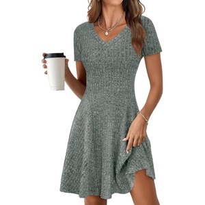 image:imageANRABESS Womens Summer Dresses Casual Short Sleeve Ribbed Knit V Neck Swing ALine 2026 Spring Vacation Tunics Short DressGrey Green