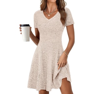 image:imageANRABESS Womens Summer Dresses Casual Short Sleeve Ribbed Knit V Neck Swing ALine 2026 Spring Vacation Tunics Short DressLight Khaki