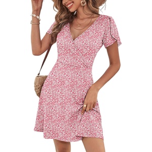 image:imageANRABESS Womens Summer Dresses Short Sleeve Wrap Deep V Neck ALine Floral Dress Causal Flowy Boho Beach Vacation SundressPink Floral