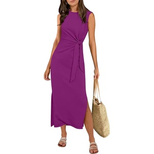 image:imageANRABESS Womens Summer Maxi Dress Casual Crew Neck Tie Waist Split WrinkleFree Fit Tank Long Vacation Dresses 2026 SpringPurple Red