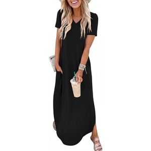 image:imageANRABESS Womens Summer Maxi Dress V Neck Short Sleeve Slit Side Shirt Dress Loose Fit Travel Beach Dress with PocketsBlack