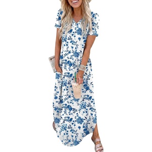 image:imageANRABESS Womens Summer Maxi Dress V Neck Short Sleeve Slit Side Shirt Dress Loose Fit Travel Beach Dress with PocketsBlue White Floral