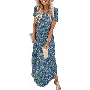 image:imageANRABESS Womens Summer Maxi Dress V Neck Short Sleeve Slit Side Shirt Dress Loose Fit Travel Beach Dress with PocketsBlue White Green Floral