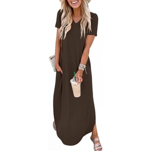 image:imageANRABESS Womens Summer Maxi Dress V Neck Short Sleeve Slit Side Shirt Dress Loose Fit Travel Beach Dress with PocketsBrown
