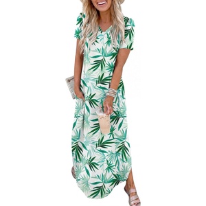 image:imageANRABESS Womens Summer Maxi Dress V Neck Short Sleeve Slit Side Shirt Dress Loose Fit Travel Beach Dress with PocketsGreen White Floral