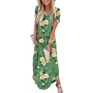 image:imageANRABESS Womens Summer Maxi Dress V Neck Short Sleeve Slit Side Shirt Dress Loose Fit Travel Beach Dress with PocketsGreen Yellow Rose Floral