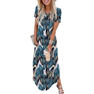 image:imageANRABESS Womens Summer Maxi Dress V Neck Short Sleeve Slit Side Shirt Dress Loose Fit Travel Beach Dress with PocketsLeaf Printed